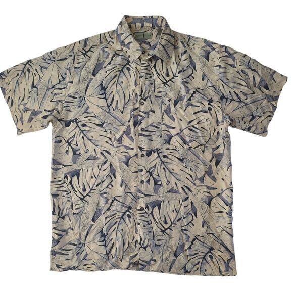 100% Silk Robert Stock Tan Blue Leaf Print Hawaiian Shirt Button Up Mens Size L - Picture 1 of 6
